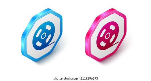Isometric Film reel icon isolated on white background. Hexagon button. Vector