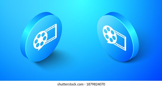 Isometric Film reel and play video movie film icon isolated on blue background. Blue circle button. Vector.