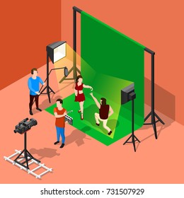 Isometric Film Set Background With Studio Stage Booth Chroma Key Actors And Shooting Crew Human Characters Vector Illustration