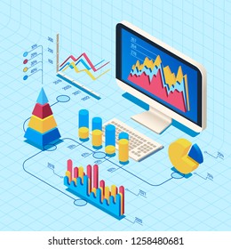 Isometric finance data analysis. Market position concept, web business computer diagram data trends search science. Professional research scrutiny report graphics 3d vector illustration