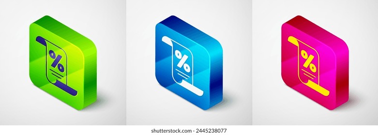 Isometric Finance document icon isolated on grey background. Paper bank document for invoice or bill concept. Square button. Vector