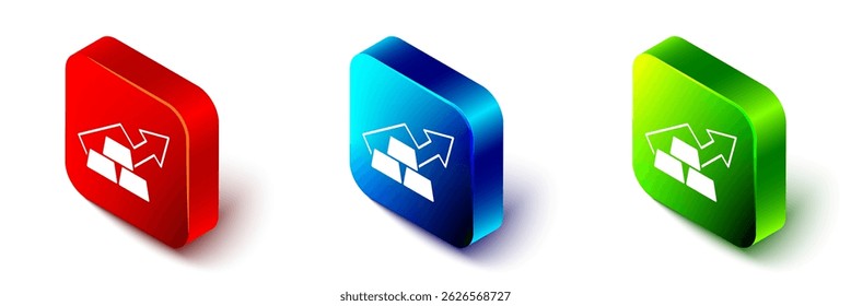 Isometric Finance growth chart arrow with gold bars icon isolated on white background. Financial success concept. Gold investment concept. Red, blue and green square button. Vector