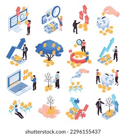 Conjunto de finanzas isométricas de íconos aislados con monedas de personajes humanos billetes con conceptos de crecimiento de plantas monetarias ilustración vectorial