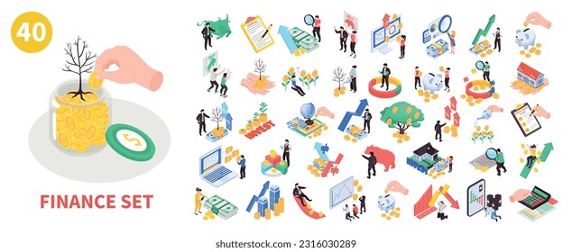 Isometric finance set of isolated icons with human hand coins tree and conceptual images of money vector illustration