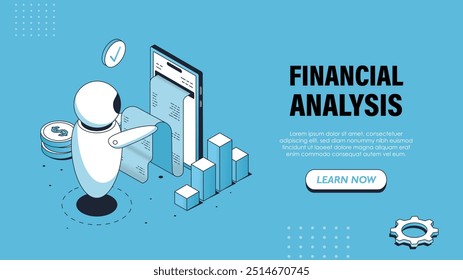 Isometric financial analysis bot poster. Internet bot with bills at smartphone. Virtual assistant and helper with budgeting and accounting. Landing webpage design. Linear vector illustration