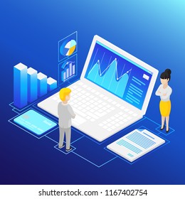 Isometric financial analysis. Employee reporting to boss. Computer, charts, paper, credit card. Finance management concept. Infographic isometric vector illustration on bright blue background