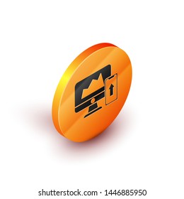 Isometric Financial chart or graph on the computer monitor and mobile phone icon isolated on white background. Strategy, planning, data, investment. Orange circle button. Vector Illustration