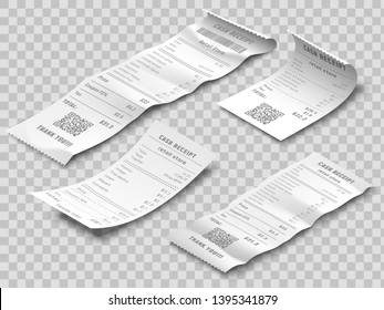 Isometric financial check. Payment checks, thermal printed rolled paper receipt and payments receipts isolated realistic 3d vector set