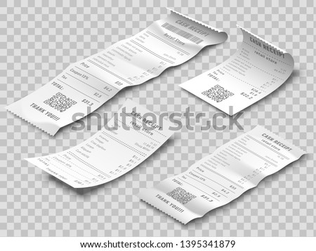 Isometric financial check. Payment checks, thermal printed rolled paper receipt and payments receipts isolated realistic 3d vector set