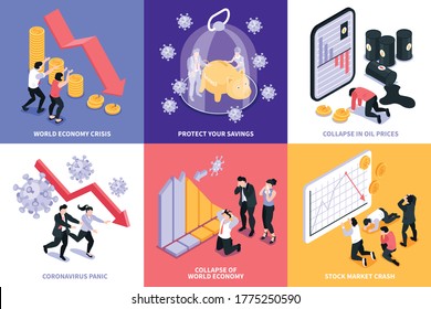 Isometric financial crisis design concept set of six square compositions with stock market economy collapse images vector illustration