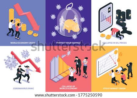 Isometric financial crisis design concept set of six square compositions with stock market economy collapse images vector illustration