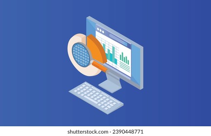 Isometric financial data analysis and business growth with pie chart and bar graph on computer screen with magnifying glass.on blue background.3D design.isometric vector design.