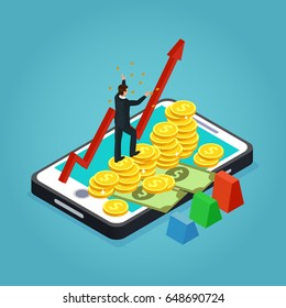 Isometric financial development and management concept with businessman growing arrow money gold coins on mobile screen isolated vector illustration