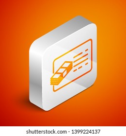 Isometric Financial document line icon isolated on orange background. Invoice and money icon. Budget planning, money saving and paying debt concept. Silver square button. Vector Illustration