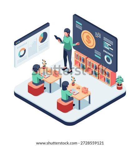 Isometric Financial Education Class for Children. Financial Literacy for Kids Concept