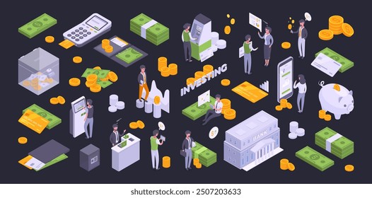 Isometric financial elements. Money investment, financial success and business profit, invest analytics and money save 3d vector illustration set. Financial money symbols collection