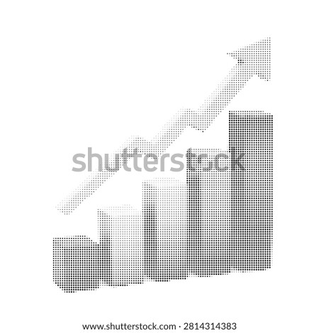 Isometric financial growth chart featuring bars and rising arrow created from small halftone dots. Creative visual for business analysis and statistics.