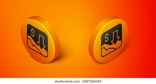Isometric Financial growth decrease icon isolated on orange background. Increasing revenue. Orange circle button. Vector
