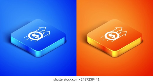 Isometric Financial growth dollar coin icon isolated on blue and orange background. Increasing revenue. Square button. Vector