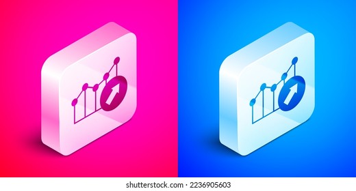 Isometric Financial growth increase icon isolated on pink and blue background. Increasing revenue. Silver square button. Vector