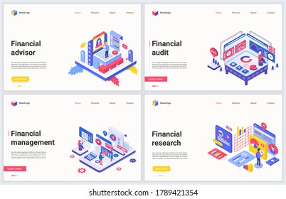 Isometric financial management, consulting vector illustration. Creative concept banner set, interface website design of cartoon 3d finance marketing technology, business expert consultation service