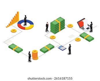 Isometric Financial Management and Investment Planning Concept with Charts, Money, and Business People 3d flat vector illustrations