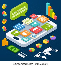 Isometric financial security and business elements with smartphone vector illustration