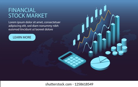 Isometric financial stock market concept art design suitable for web page banner or presentation. Vector illustration