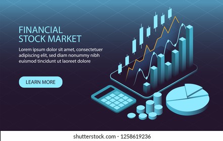 Isometric financial stock market concept art design suitable for web page banner or presentation. Vector illustration