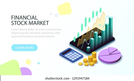 Isometric financial stock market concept art design suitable for web page banner or presentation. Vector illustration