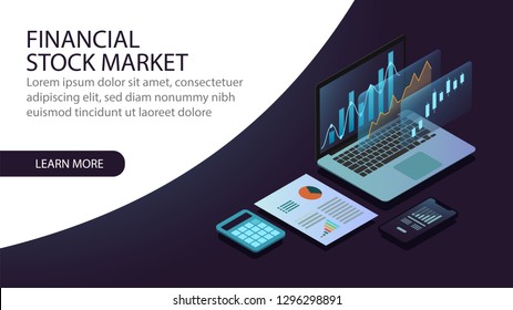 Isometric financial stock market concept art design suitable for web page banner or presentation. Vector illustration