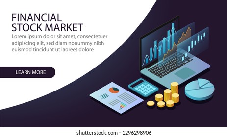 Isometric financial stock market concept art design suitable for web page banner or presentation. Vector illustration