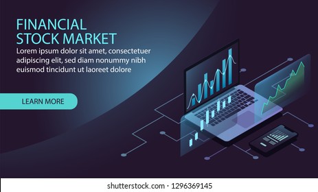 Isometric financial stock market concept art design suitable for web page banner or presentation. Vector illustration