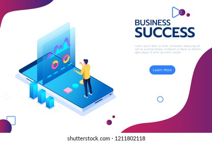 Isometric financial success concept. Businessman stand on smartphone in front of the screen to do data analysis market peak. Business diagram, investment, performance company. Vector Illustration.