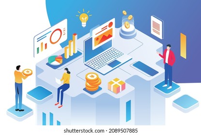 Caracteres de la oficina de tecnología financiera isométrica diálogo de intercambio de comunicaciones ilustración del negocio
