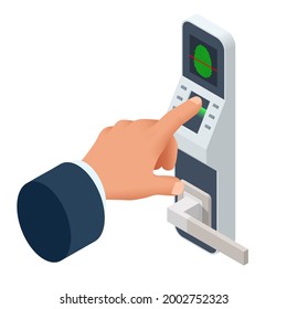 Isometric Finger print scan for enter security system, Biometric access control. Digital touch scan identification or electronic sensor authentication.