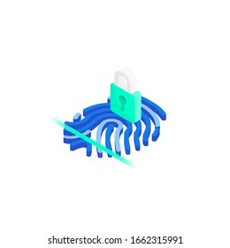 Isometric fingerprint with scanner line and closed padlock isolated on white background. Identification system concept.