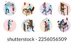 Isometric fire alarm icons set with evacuation plan isolated vector illustration