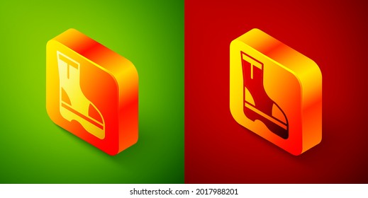 Isometric Fire boots icon isolated on green and red background. Square button. Vector