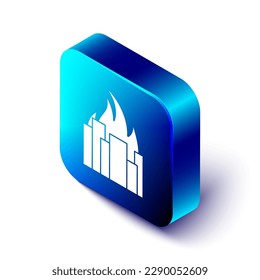 Incendio isométrico en la quema de edificios en el icono de la calle de la ciudad aislado de fondo blanco. La ciudad destruida en llamas. Botón cuadrado azul. Ilustración vectorial