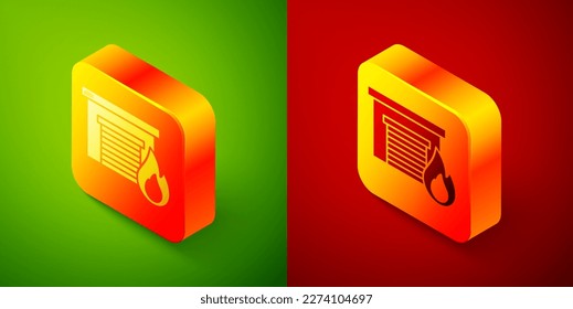 Isometric Fire in burning garage icon isolated on green and red background. Square button. Vector