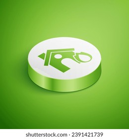 Isometric Fire in burn house icon aislado en fondo verde. Concepto de seguro. Seguridad, seguridad, protección, concepto de protección. Botón Círculo blanco. Vector