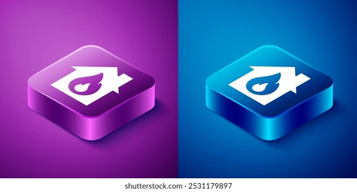 Isometrisches Feuer in brennendem Haus Symbol einzeln auf blauem und violettem Hintergrund. Quadratischer Knopf. Vektorgrafik