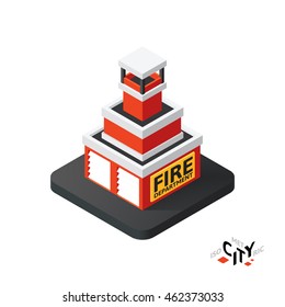 Isometric fire department flat icon isolated on white background, building city infographic element, digital low poly graphic, vector illustration