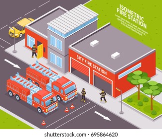 Isometric fire department station with two engines 3d vector illustration