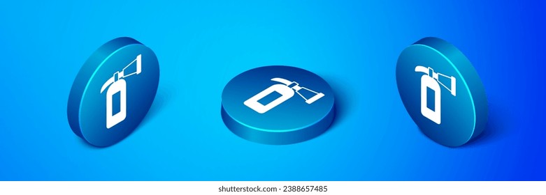 Isometric Fire extinguisher icon isolated on blue background. Blue circle button. Vector