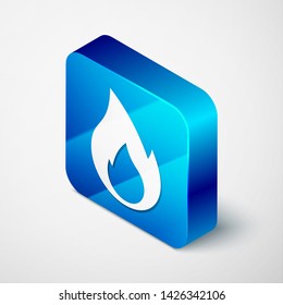 Isometric Fire flame icon isolated on white background. Heat symbol. Blue square button. Vector Illustration