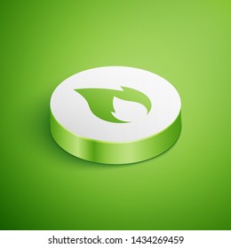 Isometric Fire flame icon isolated on green background. Heat symbol. White circle button. Vector Illustration 
