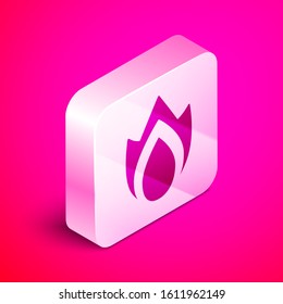 Isometric Fire flame icon isolated on pink background. Heat symbol. Silver square button. Vector Illustration