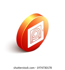 Isometric Fire hose cabinet icon isolated on white background. Orange circle button. Vector Illustration